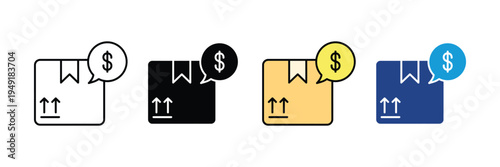 Shipping box with dollar speech bubble icon set. Paid delivery, package shipping cost, and logistics service fee symbols. Vector Illustration.