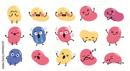 Cute cartoon beans with emotions, flat vector illustration