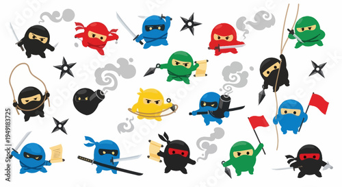 Cute cartoon ninja warrior character set with weapons in flat vector style for gaming or kids