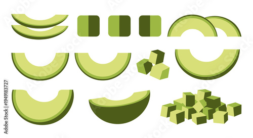Flat Design Avocado Slices, Cubes, and Halves Vector Illustration