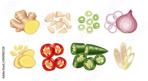 Fresh Food Ingredients: Ginger, Garlic, Chili, Onion, Lemongrass Slices