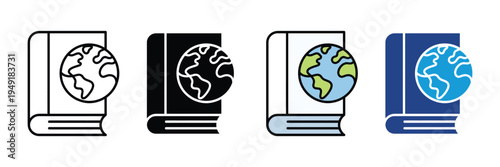 World geography book with globe icon set. Global education, atlas encyclopedia, and international study symbols. Vector Illustration.