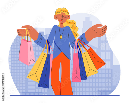 Woman Hold Shopping Bags in Urban City Background.