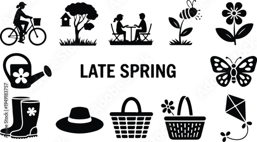 Late spring icons set featuring gardening tools outdoor activities and nature elements in silhouette style for