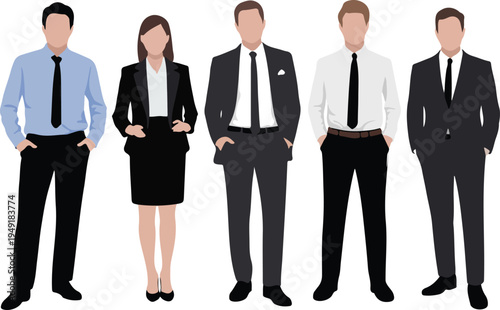 Professional business team standing in formal attire representing corporate leadership and workforce diversity