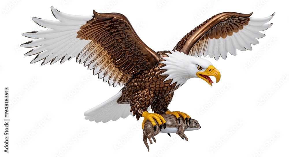 Fototapeta premium Eagle soaring with fish in its talons against a white background 