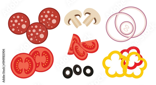 Flat Icons of Pizza Toppings: Pepperoni, Mushrooms, Tomatoes, Onions, Olives, Peppers