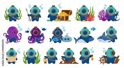 Cute Underwater Divers and Sea Life Cartoon Vector Illustration