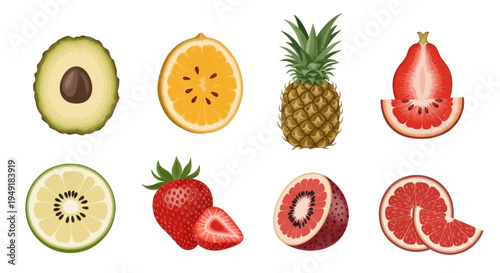 Realistic Sliced Fruits Collection: Avocado, Orange, Pineapple, Strawberry, Kiwi, Grapefruit