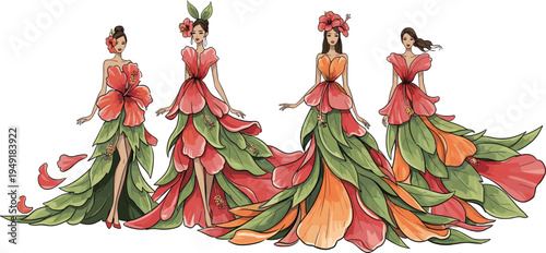 Elegant women wearing tropical flower dresses fashion illustration set, botanical couture gowns with leaves and petals isolated on white