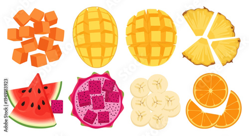 Flat Design Fruit Collection: Mango, Pineapple, Watermelon, Dragon Fruit, Banana, Orange