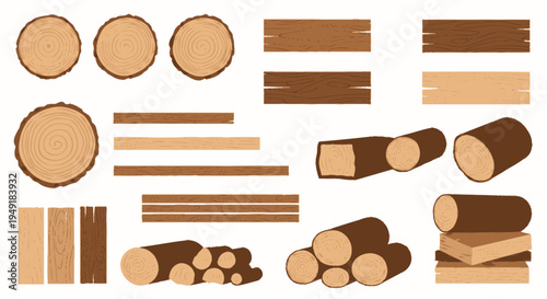 Wood Lumber Material Cut Log Timber Planks Round Tree Slices Vector Art