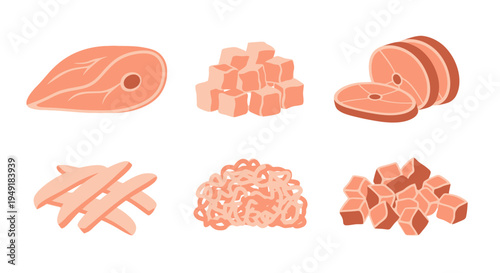 Raw Meat Cuts: Chicken Breast, Cubes, Steaks, Strips, Minced, Diced - Flat Design
