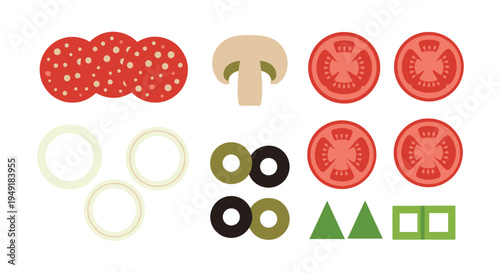 Flat Design Pizza Toppings Icons - Salami, Tomato, Onion, Mushroom, Olives