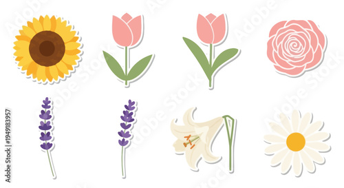 Flat Style Floral Icons: Sunflower, Tulip, Rose, Lavender, Lily, Daisy