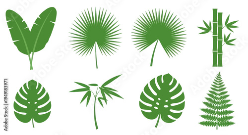 Tropical Plants and Bamboo Vector Icons - Green Flat Design