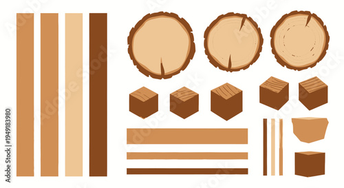 Wooden Elements: Logs, Planks, Cubes - Flat Vector Design