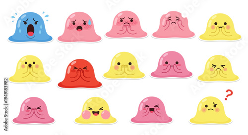 Cute colorful slime characters with various emotions, flat vector illustration