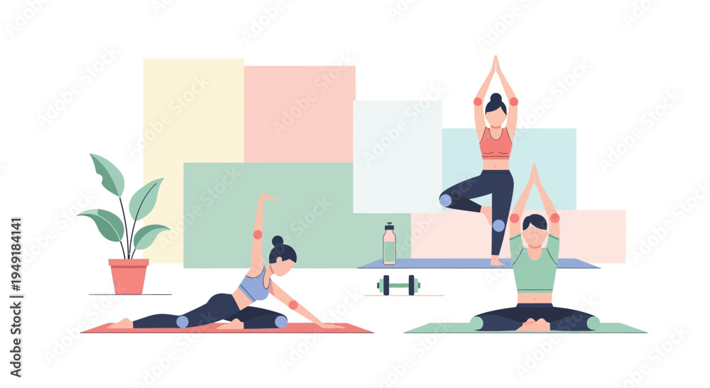 Fototapeta premium Collection of women in different yoga poses for health and wellness.