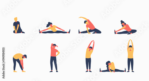 Collection of diverse people performing various stretching and flexibility exercises.