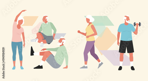 Collection of active senior people engaged in various fitness exercises.