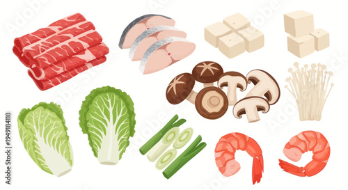 Flat Style Food Ingredients Icons: Meat, Fish, Vegetables, Seafood, Tofu