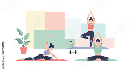 Collection of women in different yoga poses for health and wellness.