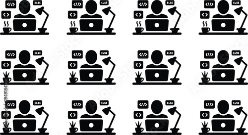 Software developer workspace icons depicting programmer working on laptop with coding symbols and desk lamp light