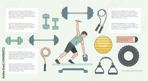 Comprehensive set of sports and fitness training equipment infographic.