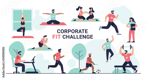 Corporate Fit Challenge with Diverse Employees Engaging in Various Fitness Activities.