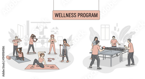 Corporate Wellness Program Illustration with Fitness and Sports Activities.