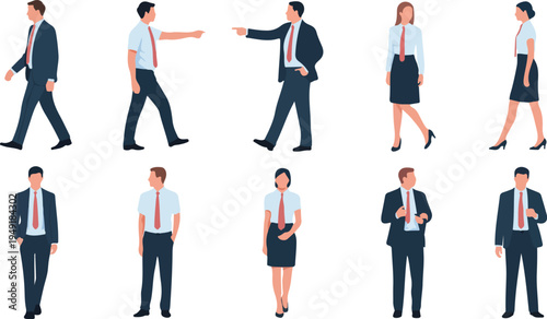 Set of business people in various poses including walking, pointing, and standing, wearing formal attire