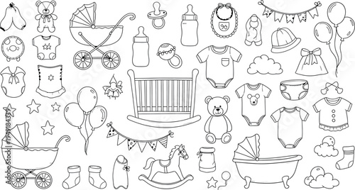 A collection of baby related objects isolated on transparent background