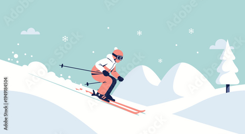 Flat vector illustration of a person skiing downhill in winter gear.