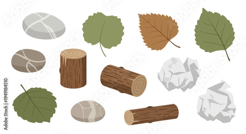 Flat Illustration of Natural Elements: Stones, Wood, Leaves, Paper