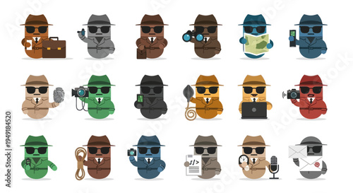 Flat Vector Security Secret Agent Spy Detective Character Icon Set