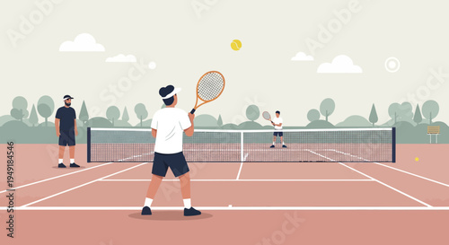 Four male athletes engaged in a competitive doubles tennis match on a clay court.