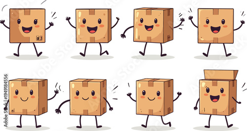 Set of cute cardboard box character illustrations showing various emotions and poses for shipping and delivery