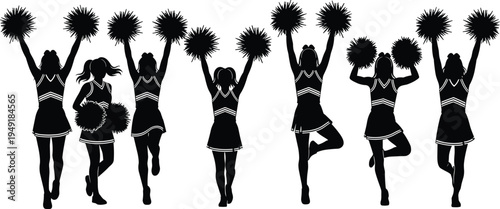 Black Silhouette of Cheerleading Team Squad with Pom Poms Performing Dance Routine and Stunts for Sports Spirit and School Competition Event