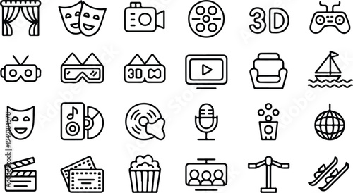 Cinema and theater entertainment line icon set featuring stage curtains masks video cameras and popcorn cups