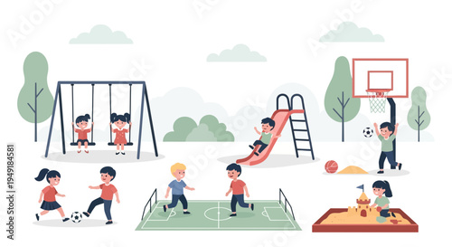 Happy children playing together at the outdoor park playground.