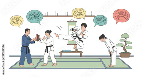 Group of people practicing karate and other martial arts in a traditional dojo.