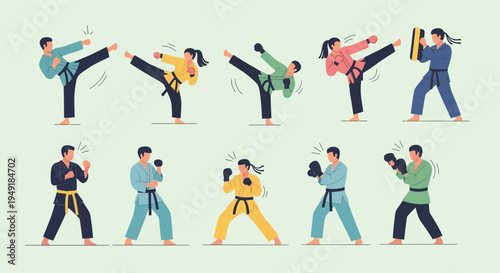Set of diverse martial artists in various dynamic fighting poses.