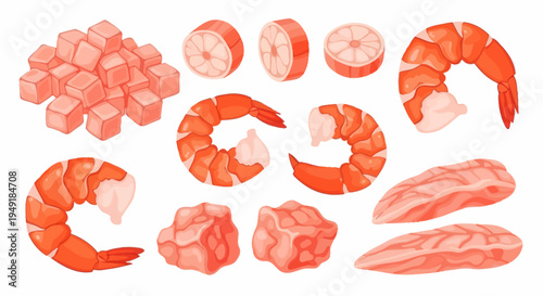 Fresh Seafood Ingredients: Shrimp, Cubed Meat, Slices - Flat Vector Art