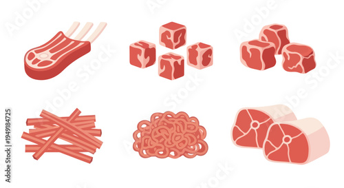 Raw Meat Cuts: Lamb Chops, Diced, Ground, Sticks, Steaks Vector Flat Art
