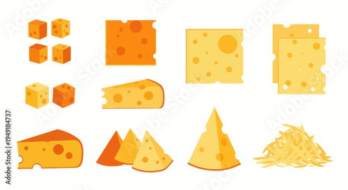 Flat Design Cheese Collection: Cubes, Slices, Wedges, and Grated