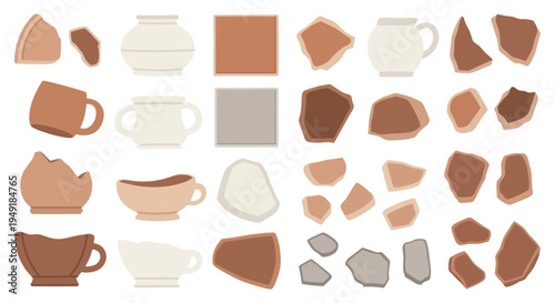 Broken Pottery Shards  Ceramic Vessels Flat Vector Art