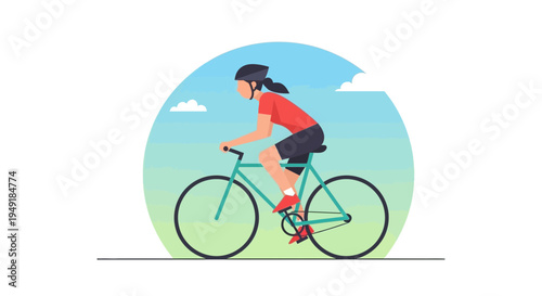 Sporty woman in a helmet riding a green bicycle outdoors.