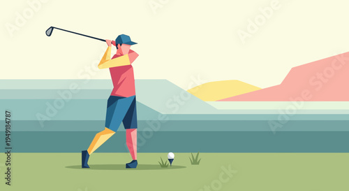 Stylized geometric illustration of a male golfer swinging a club.