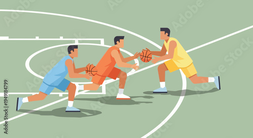 Three young men engaged in a competitive game of street basketball.